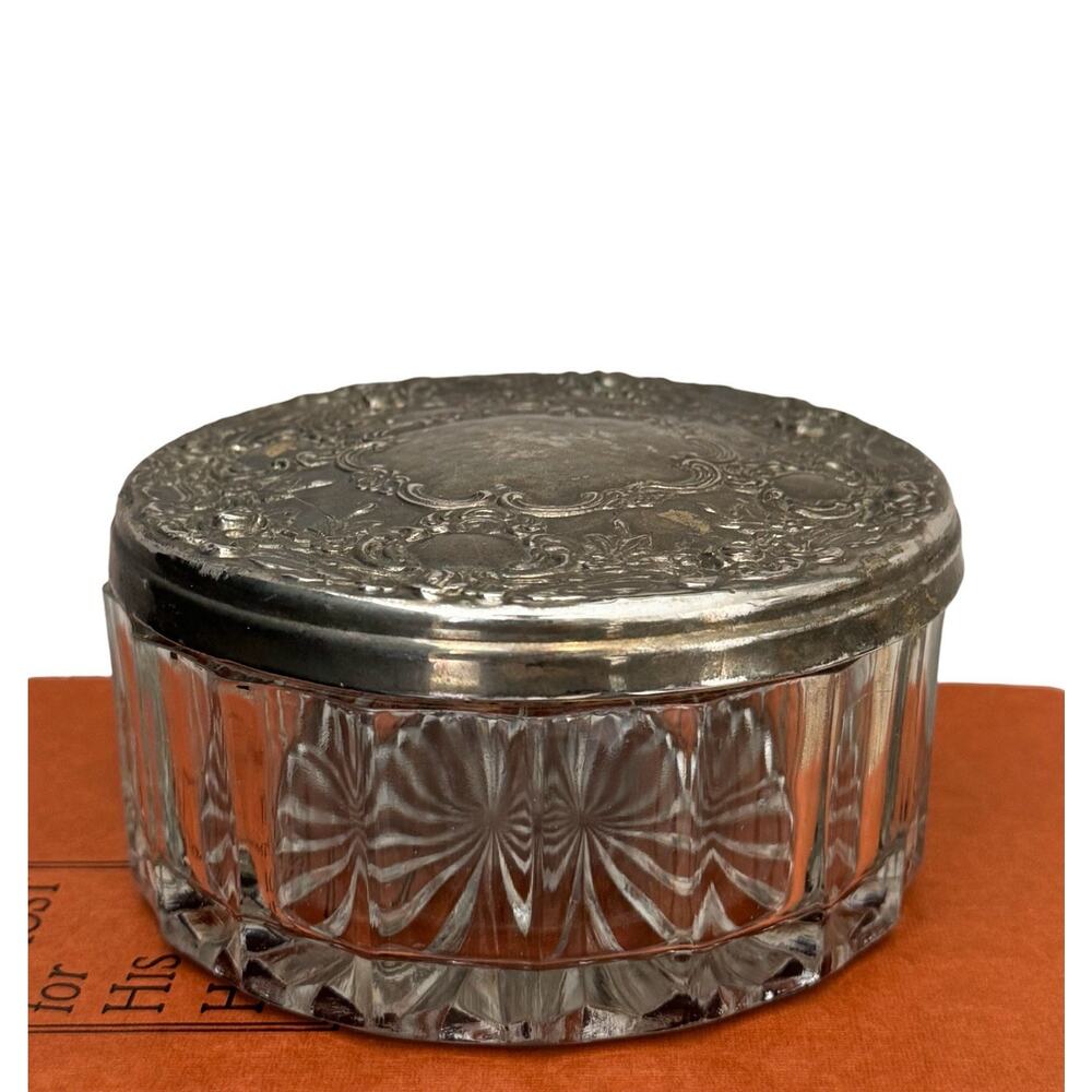 Vintage Silver Plate Glass Powder Jar Victorian Repousse Ornate Lid Trinket Box
